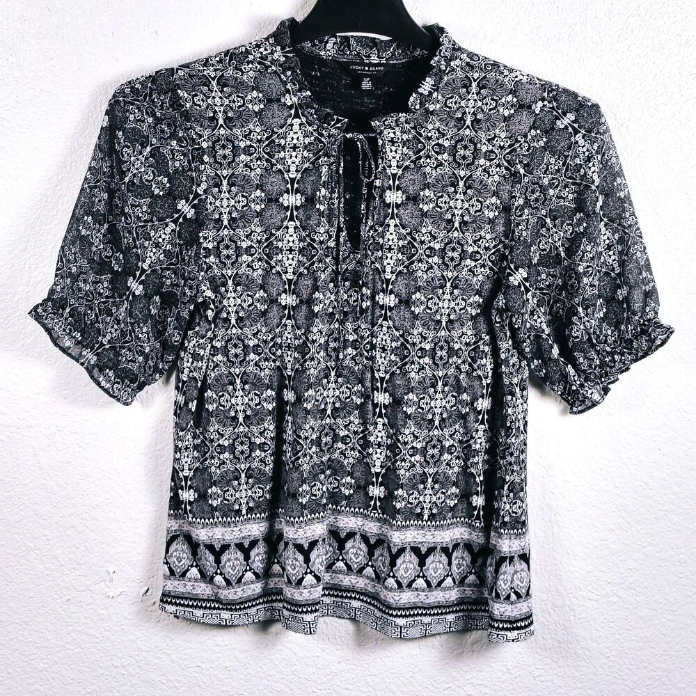 Lucky Brand Women Small Petite Floral Aztec V-Neck Pleated Top Blouse 3/4 Sleeve